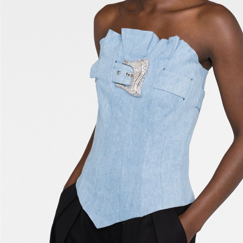 POSTER GIRL Light Blue Strapless Corset Top with Rhinestone Buckle